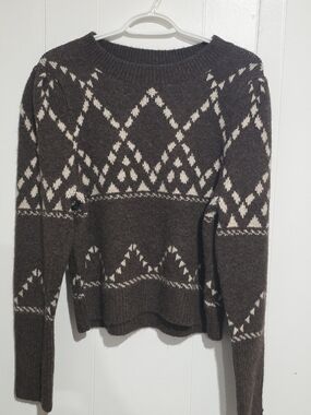 Max Studio Brown Fair Isle Crewneck Cropped Sweater